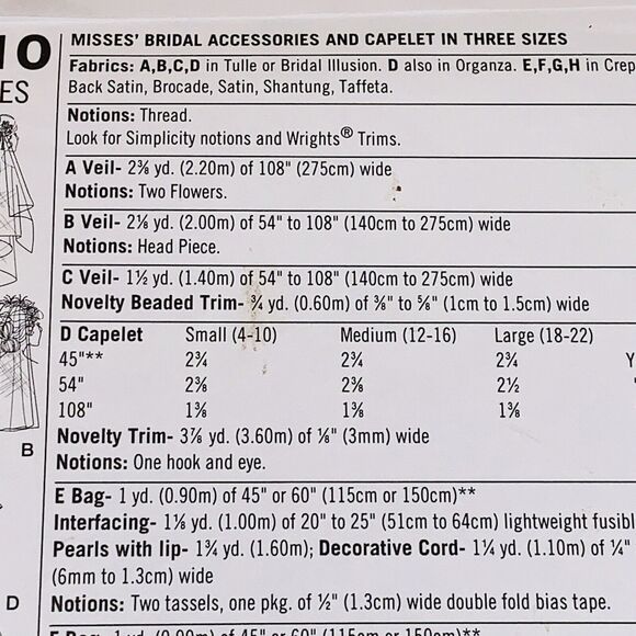 Simplicity Pattern 2610 Bridal Veil Accessories Capelet Ring Pillow Bag One Size - Picture 7 of 9